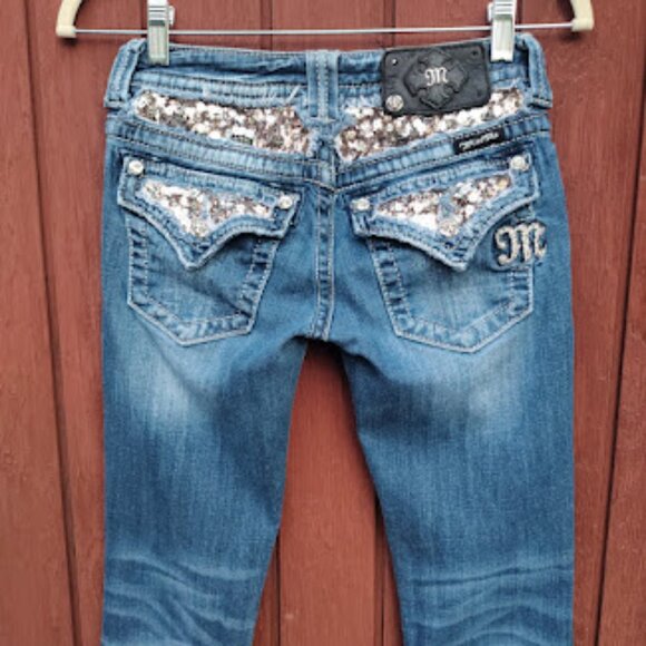 MISS ME | Bootcut Low Rise Extra Long 37" Inseam Dark Wash Embellished Jeans 25 - Picture 1 of 10